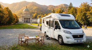Camper parcheggiato davanti al Santuario di Oropa in autunno.