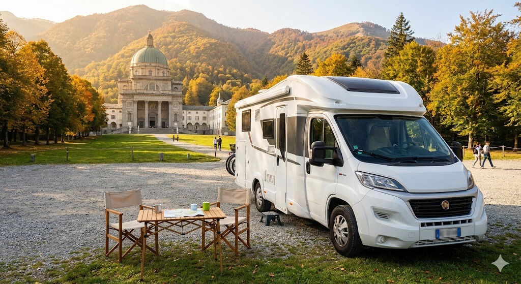 Camper parcheggiato davanti al Santuario di Oropa in autunno.